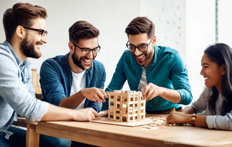 문화콘텐츠 기획사의 팀워크 문제 해결 사례 - **Prompt 1: "A diverse group of creative professionals, appearing focused and collaborative, are gat...