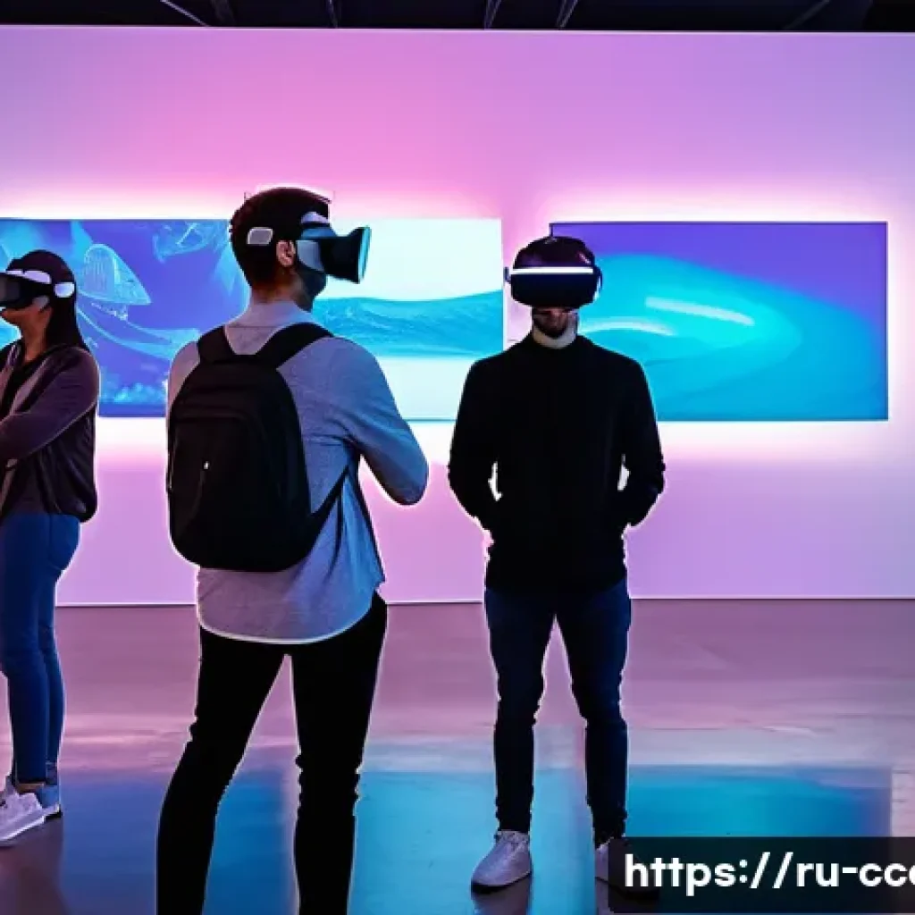 문화콘텐츠 기획사가 주목해야 할 기술 발전 - A futuristic virtual reality art exhibition set in a spacious modern gallery with diverse visitors w...