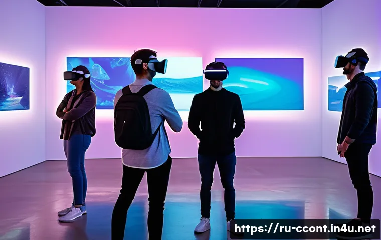 문화콘텐츠 기획사가 주목해야 할 기술 발전 - A futuristic virtual reality art exhibition set in a spacious modern gallery with diverse visitors w...