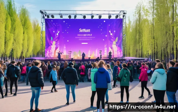 문화콘텐츠 기획사가 되는 법 - A vibrant youth cultural festival scene in a modern Russian city park during spring, featuring diver...