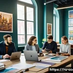 Home 20 문화콘텐츠 기획사의 1년 계획 세우기 - A modern cultural agency office scene in Moscow, featuring a diverse creative team collaborating aro...