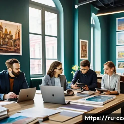 Home 32 문화콘텐츠 기획사의 1년 계획 세우기 - A modern cultural agency office scene in Moscow, featuring a diverse creative team collaborating aro...