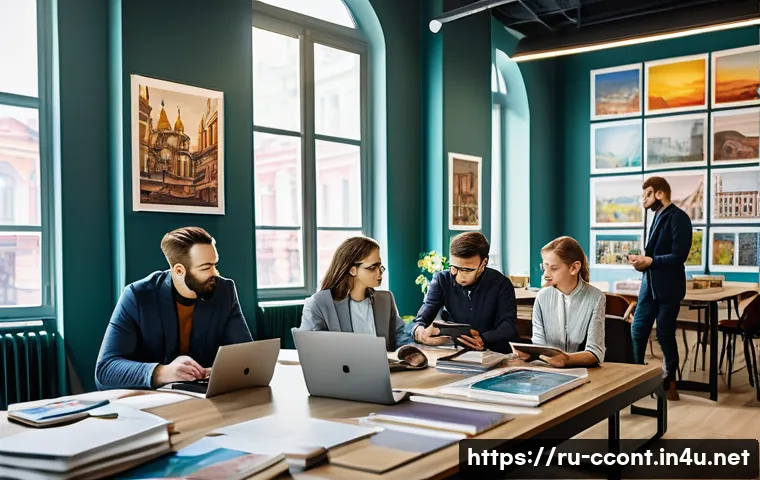 문화콘텐츠 기획사의 1년 계획 세우기 - A modern cultural agency office scene in Moscow, featuring a diverse creative team collaborating aro...
