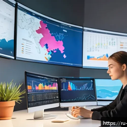 Home 31 문화콘텐츠 기획사 취업 준비 체크리스트 - A modern cultural industry professional workspace showing a young Russian woman analyzing digital ma...