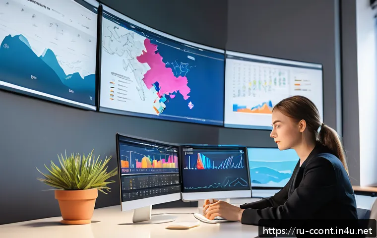 문화콘텐츠 기획사 취업 준비 체크리스트 - A modern cultural industry professional workspace showing a young Russian woman analyzing digital ma...