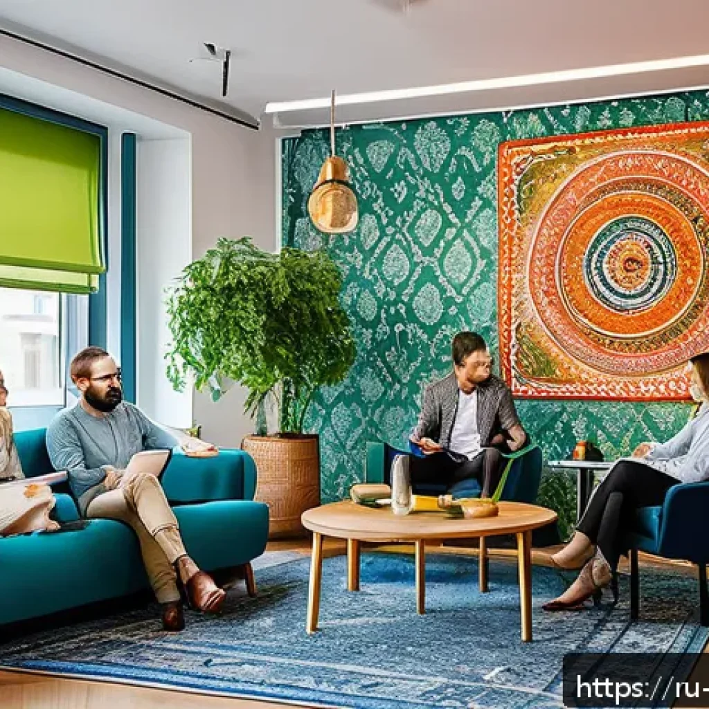 문화콘텐츠 기획사에서의 직무 만족도 높이는 법 - A vibrant creative team meeting in a modern Moscow office, diverse multicultural group of profession...