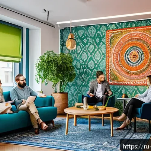 Home 30 문화콘텐츠 기획사에서의 직무 만족도 높이는 법 - A vibrant creative team meeting in a modern Moscow office, diverse multicultural group of profession...
