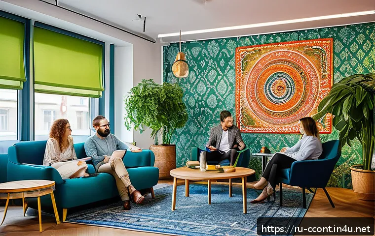 문화콘텐츠 기획사에서의 직무 만족도 높이는 법 - A vibrant creative team meeting in a modern Moscow office, diverse multicultural group of profession...