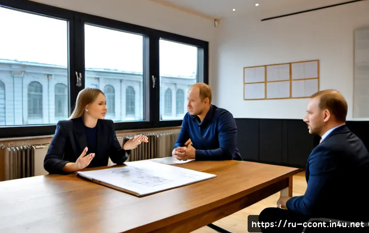 문화콘텐츠 기획사의 성공적인 회의 진행법 - Photorealistic cultural content agency strategy meeting in a modern Moscow creative studio, diverse ...
