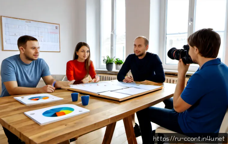 문화콘텐츠 기획사로 창업하기 - Photorealistic startup planning meeting for a small cultural content agency in Moscow, diverse Russi...
