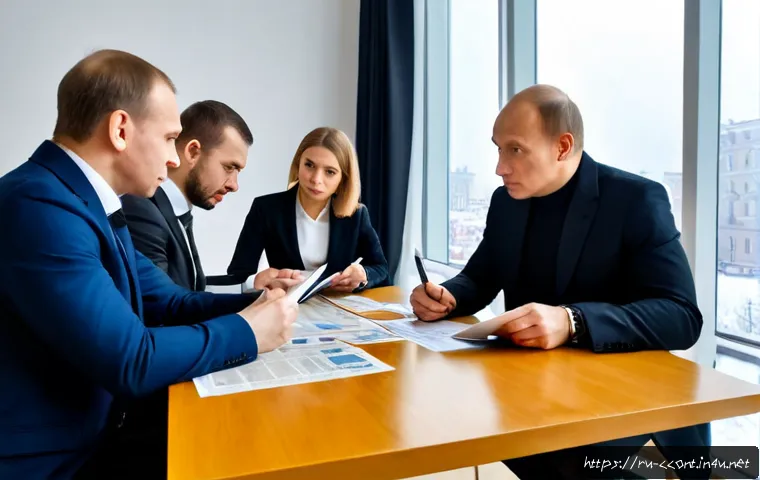 Home 17 문화콘텐츠 기획의 법적 이슈 사례 - Photorealistic scene of a Russian cultural event planning meeting in a modern Moscow creative studio...